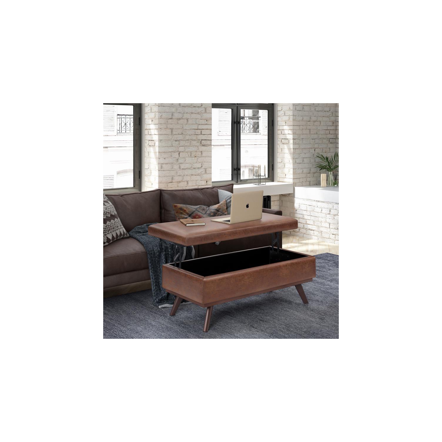 Owen 42 in.W Table Storage Ottoman in Distressed Saddle Brown Faux Leather