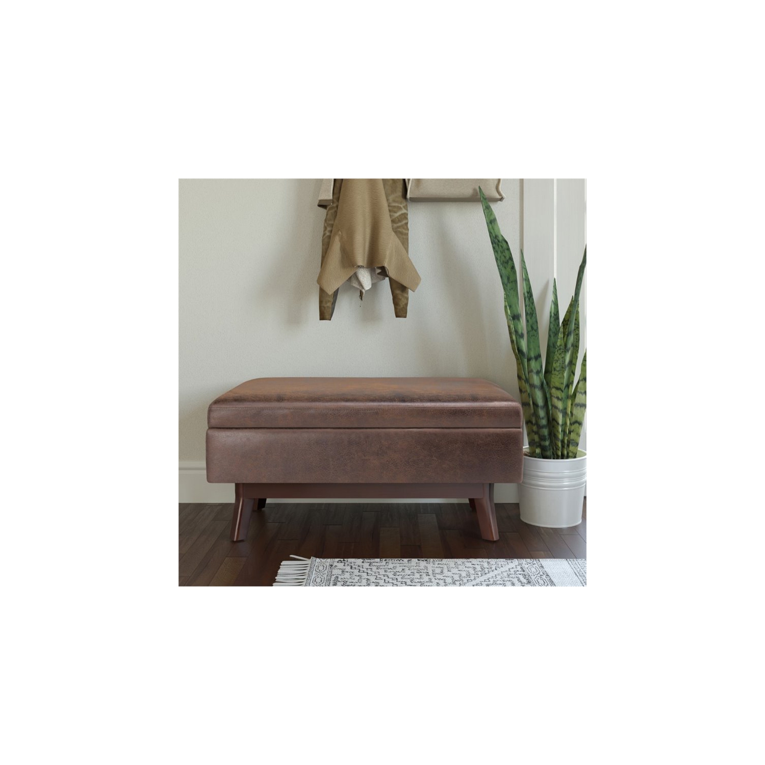 Simpli Home Owen 36" Faux Air Leather Storage Ottoman in Chestnut Brown