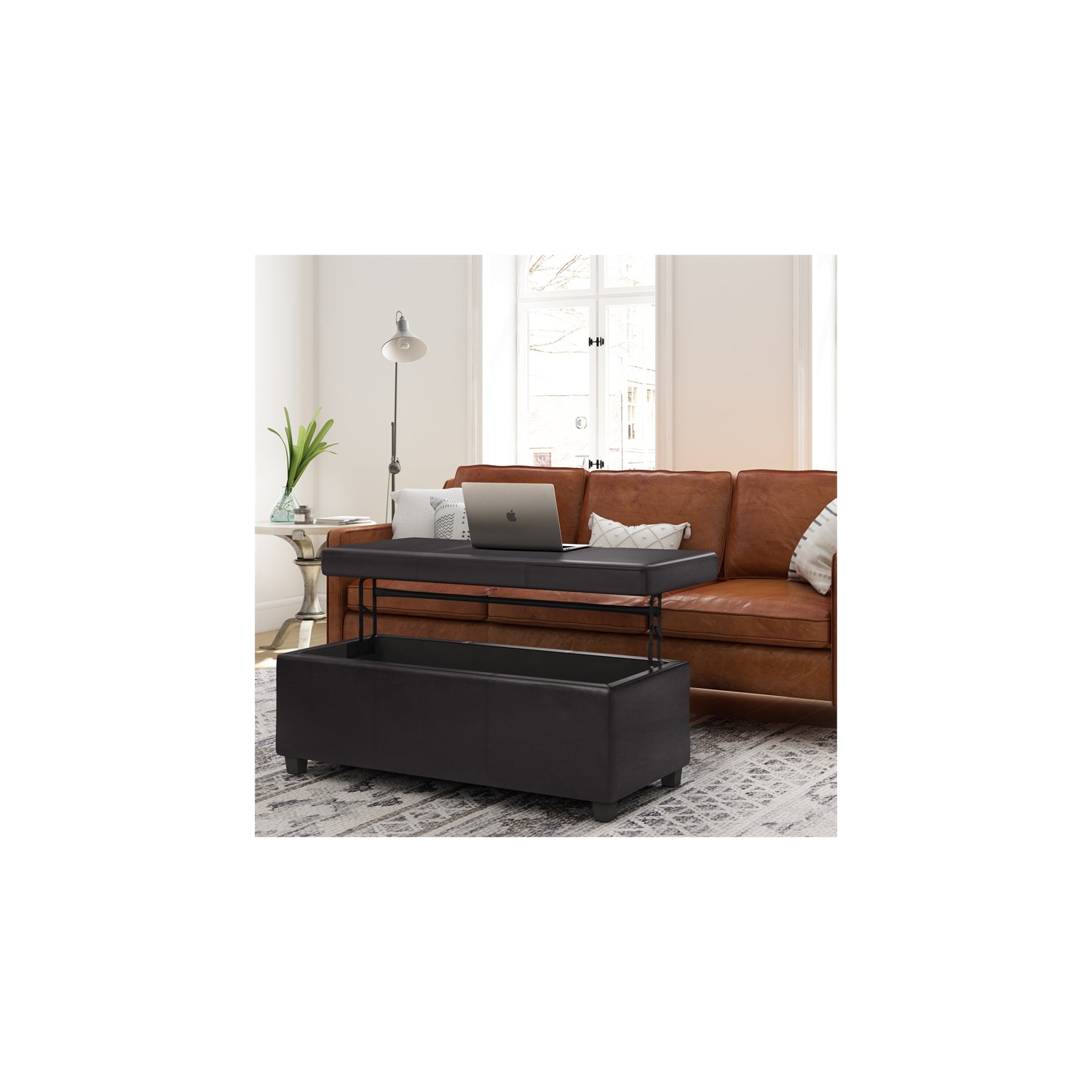 Simpli Home Avalon 44" Faux Leather Lift-Top Storage Ottoman in Tanners Brown
