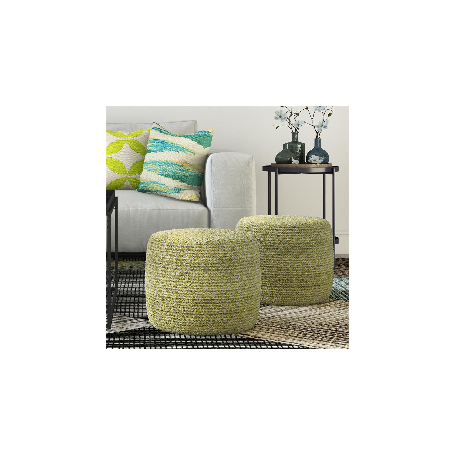Bayley Transitional Round Braided Pouf in Muted Yellow and Natural Cotton