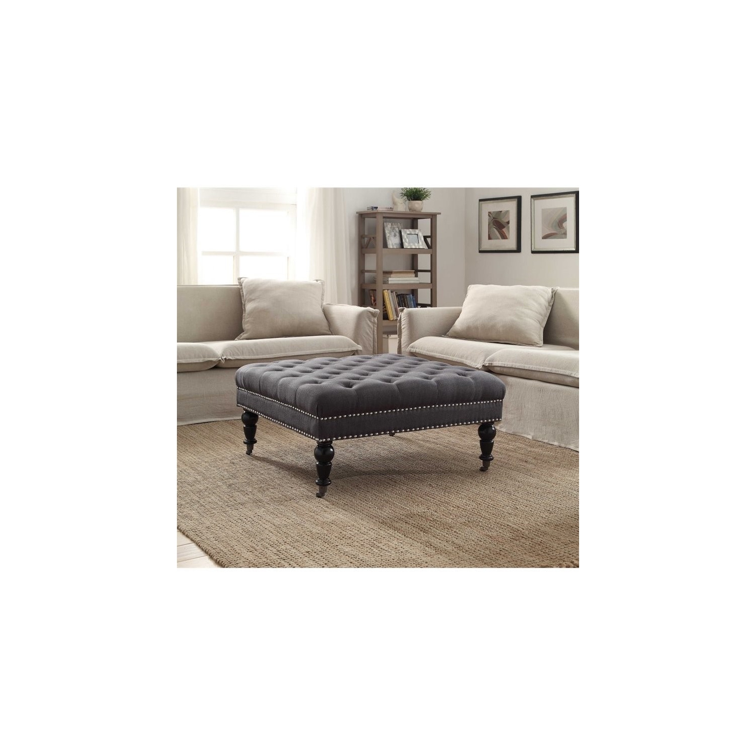 Linon Isabelle Square Wood Upholstered Ottoman in Charcoal Gray