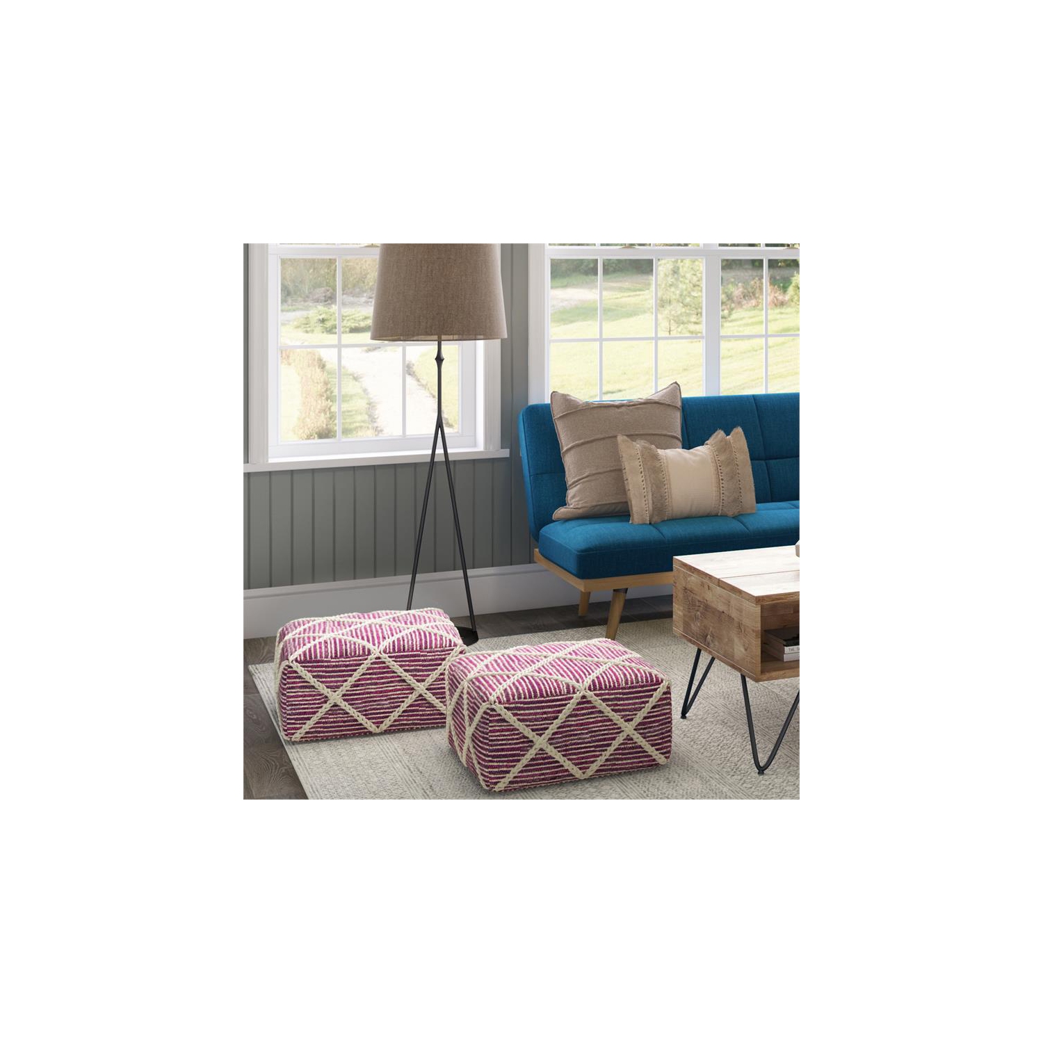 Cowan Contemporary Square Pouf in Magenta and Natural Handloom Woven