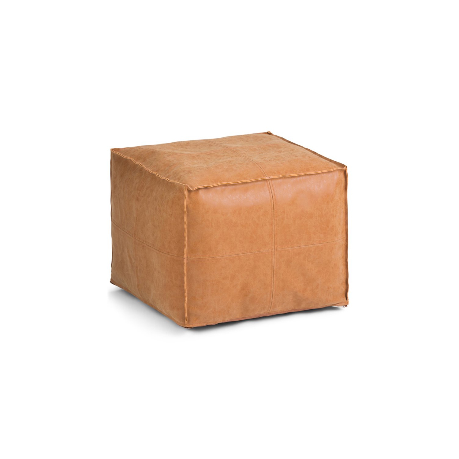 Simpli Home Brody Boho Square Pouf in Distressed Brown Faux Leather