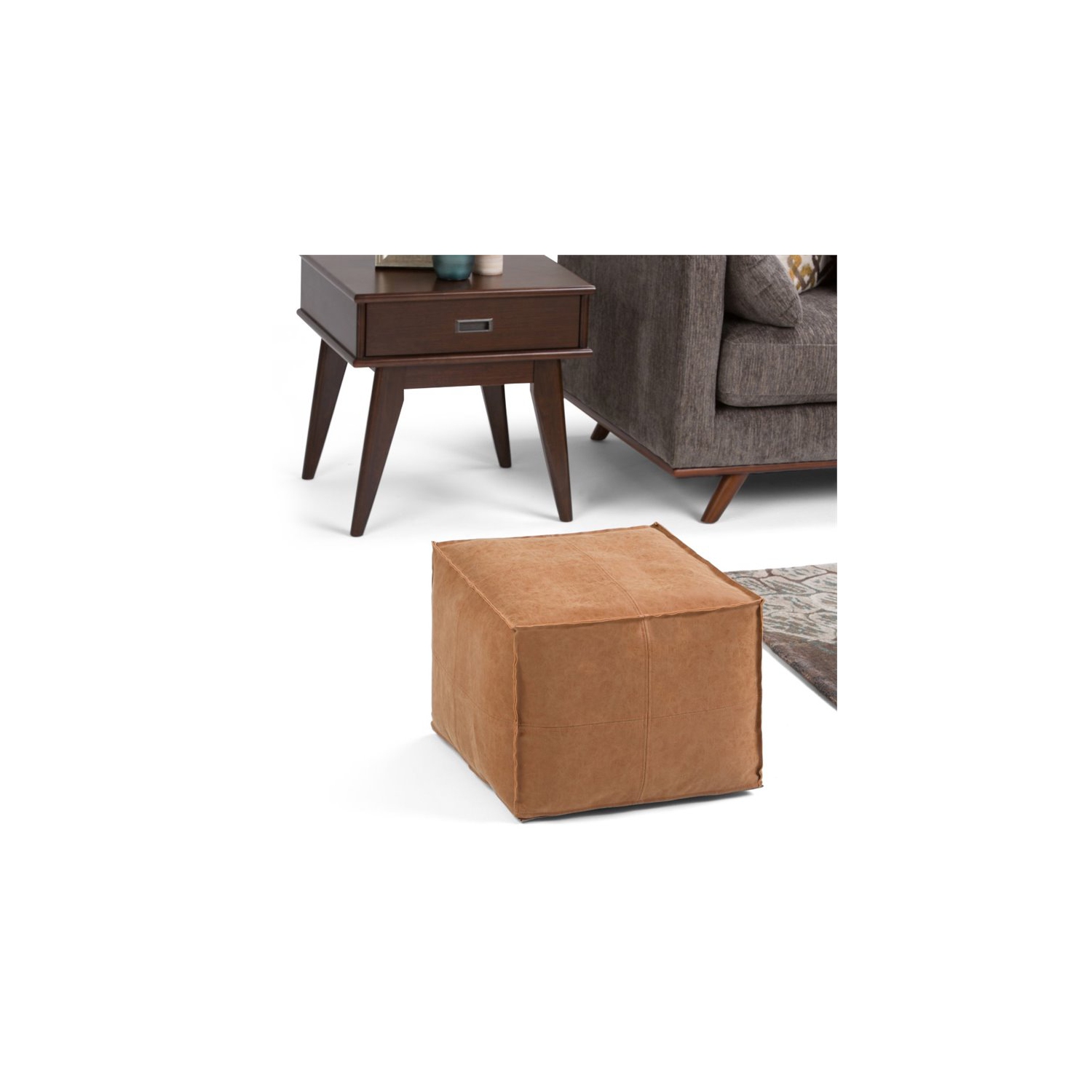 Simpli Home Brody Boho Square Pouf in Distressed Brown Faux Leather