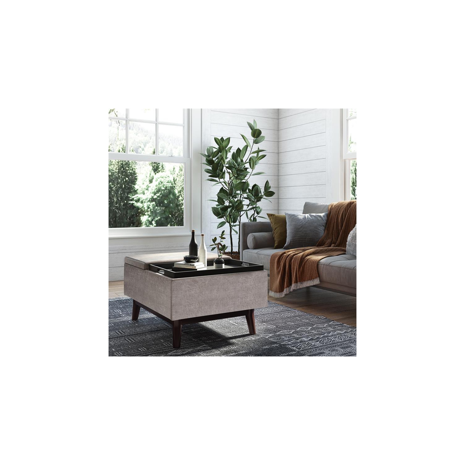 Owen 34 in.W Tray Top Table Storage Ottoman in Distressed Grey Faux Leather