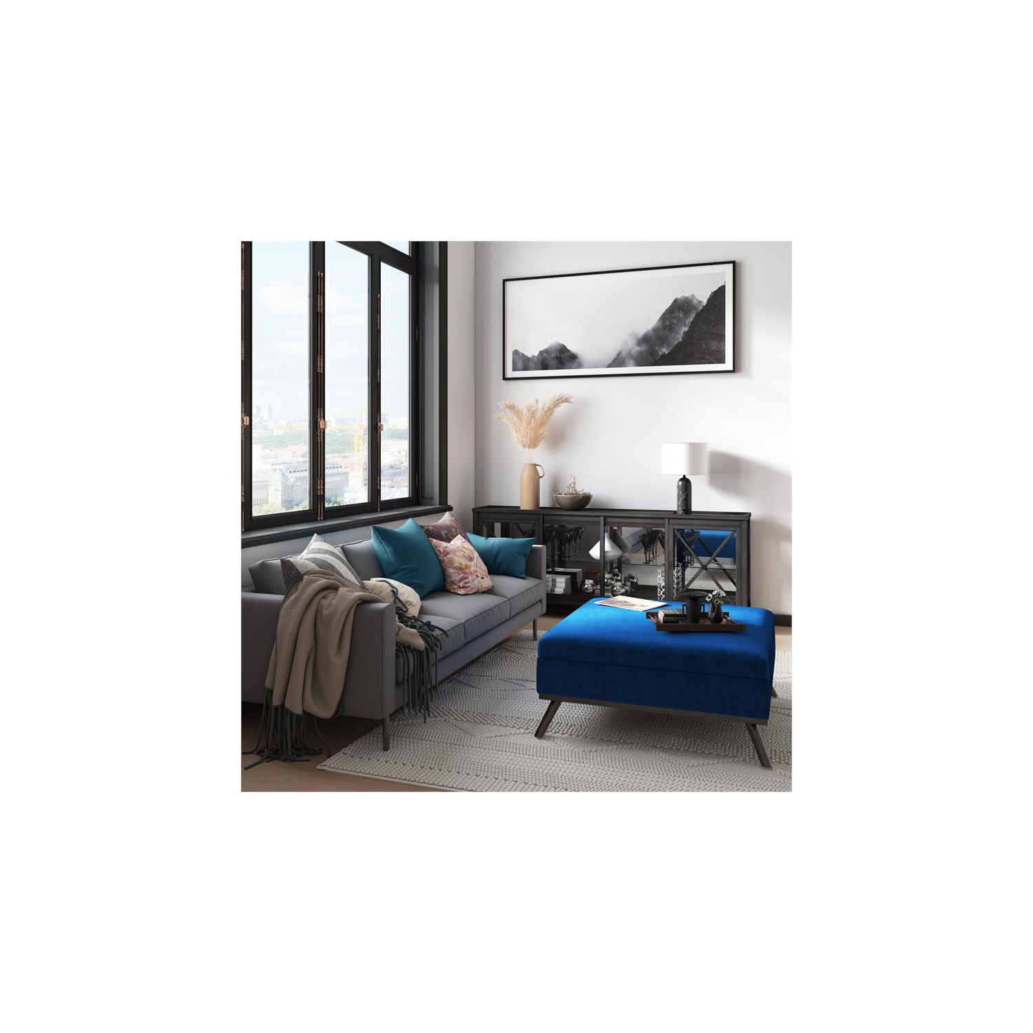 Owen 36 in.W Mid Century Coffee Table Storage Ottoman in Blue Velvet Fabric