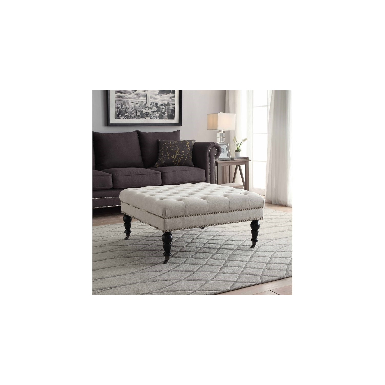 Linon Isabelle Square Wood Upholstered Ottoman in Natural Beige