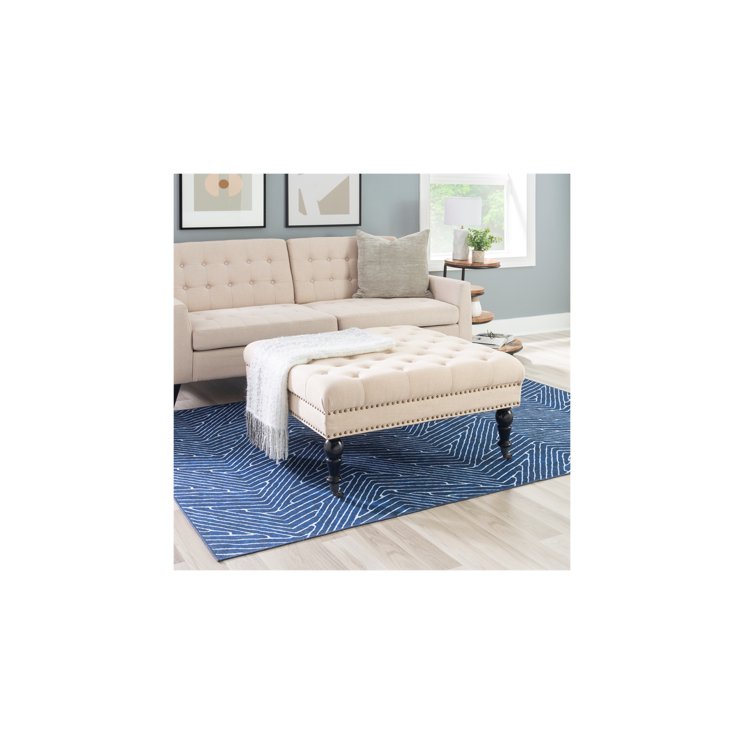 Linon Isabelle Square Wood Upholstered Ottoman in Natural Beige