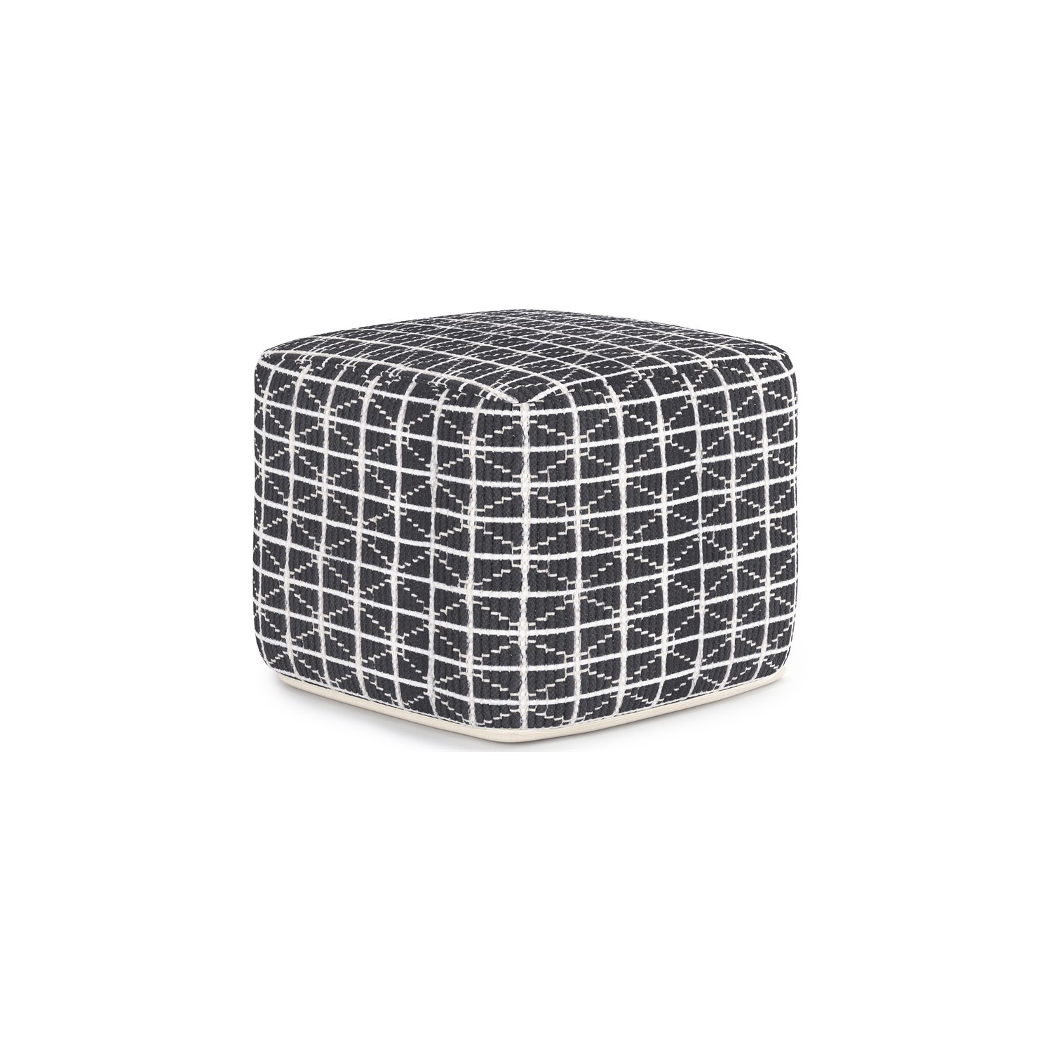 Simpli Home Noreen Boho Square Pouf in Slate Gray and White Handloom Woven Pattern