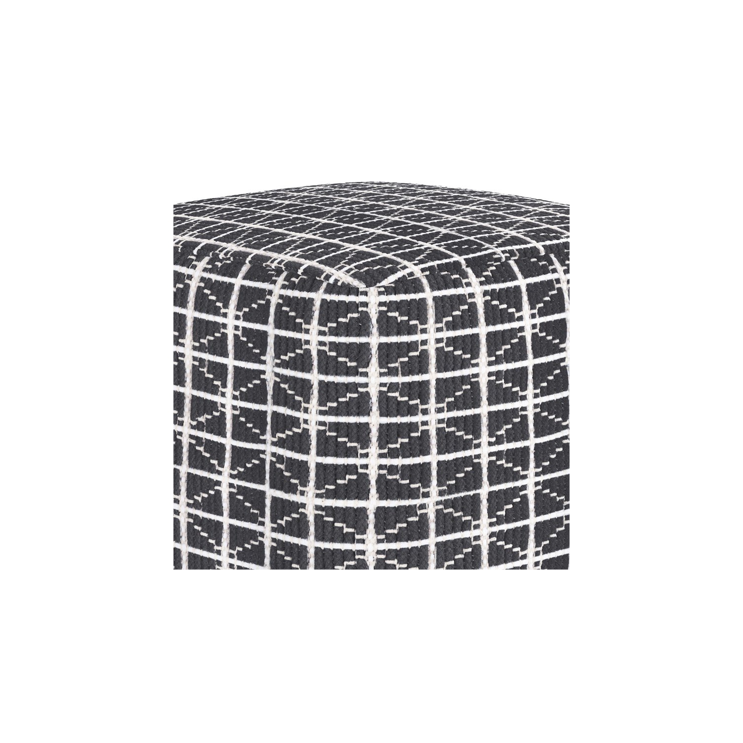 Simpli Home Noreen Boho Square Pouf in Slate Gray and White Handloom Woven Pattern