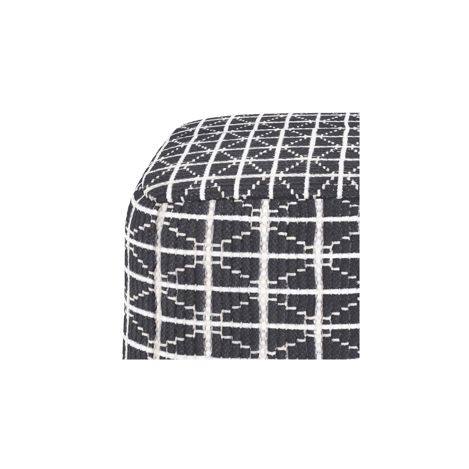 Simpli Home Noreen Boho Square Pouf in Slate Gray and White Handloom Woven Pattern
