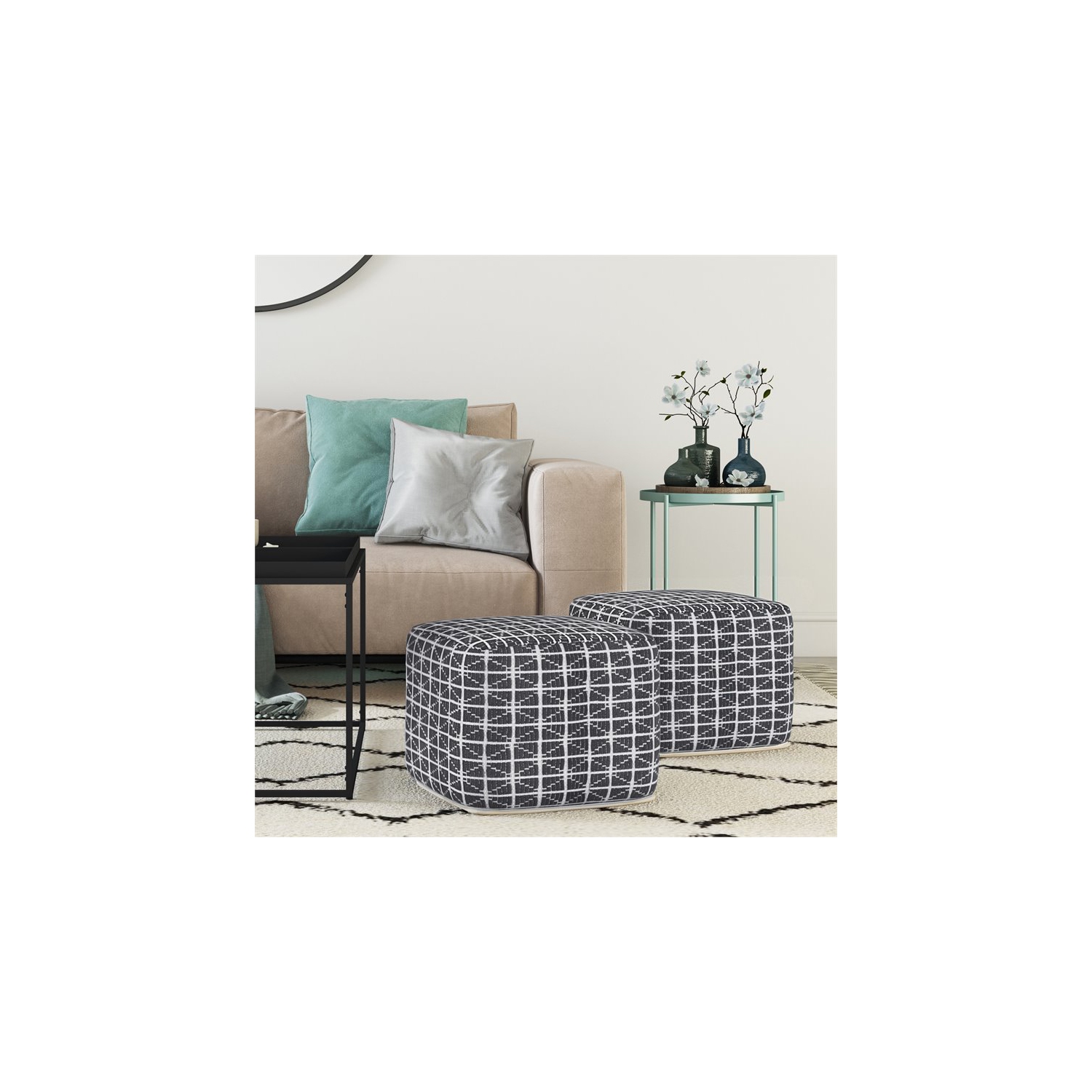 Simpli Home Noreen Boho Square Pouf in Slate Gray and White Handloom Woven Pattern