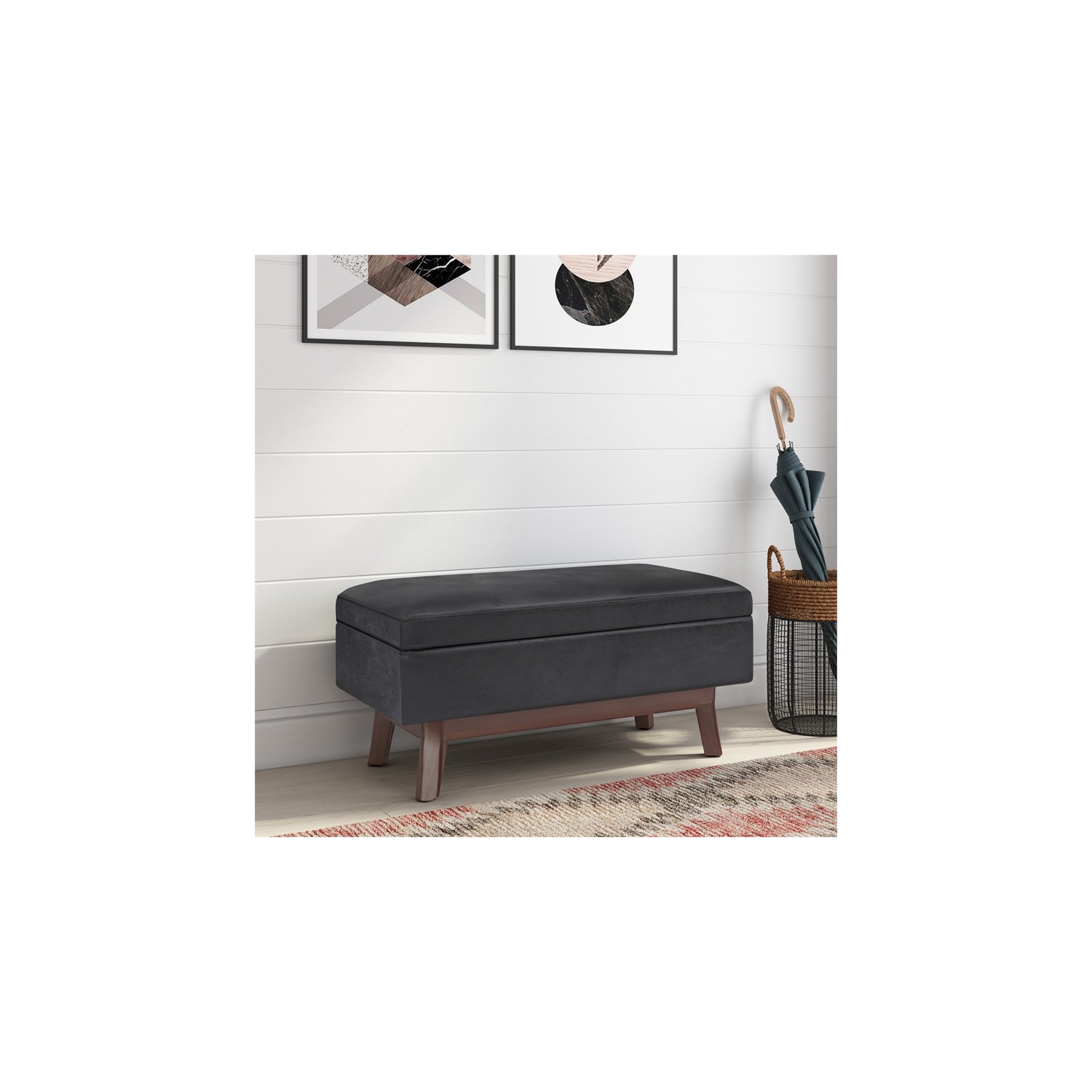 Simpli Home Owen 36" Faux Leather Storage Ottoman in Distressed Black