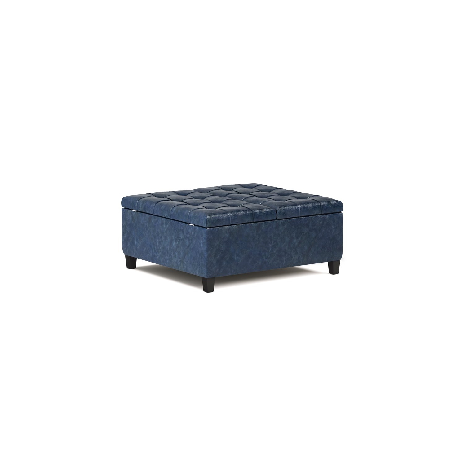 Simpli Home Harrison 36" Transitional Square Coffee Table Ottoman in Denim Blue Faux Leather
