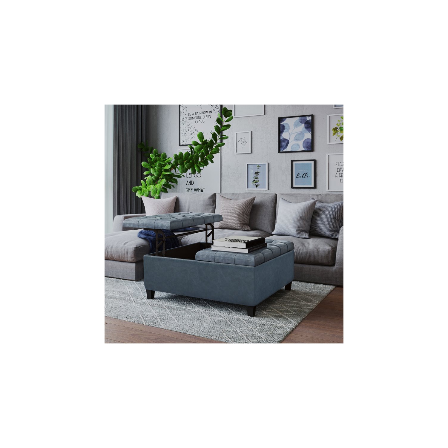 Simpli Home Harrison 36" Transitional Square Coffee Table Ottoman in Denim Blue Faux Leather