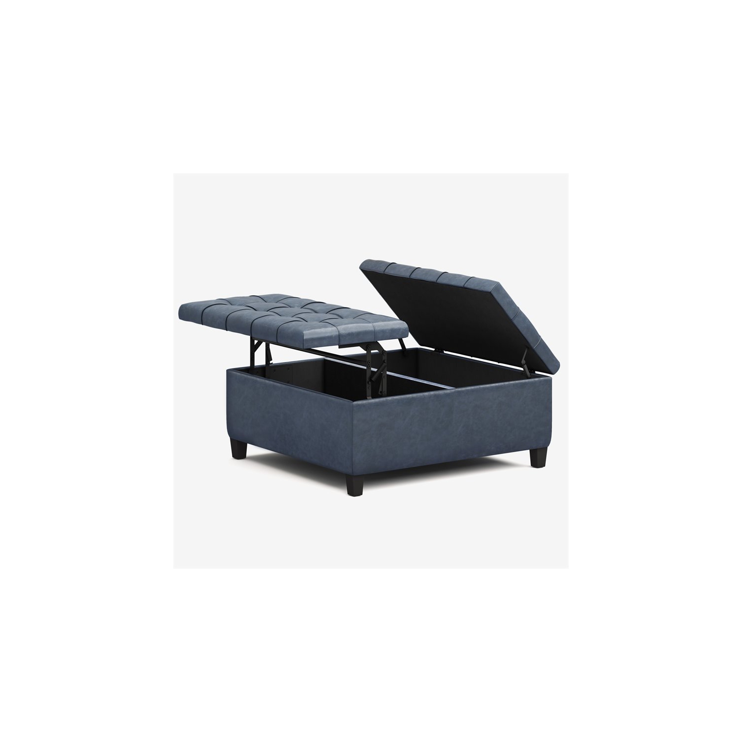 Simpli Home Harrison 36" Transitional Square Coffee Table Ottoman in Denim Blue Faux Leather