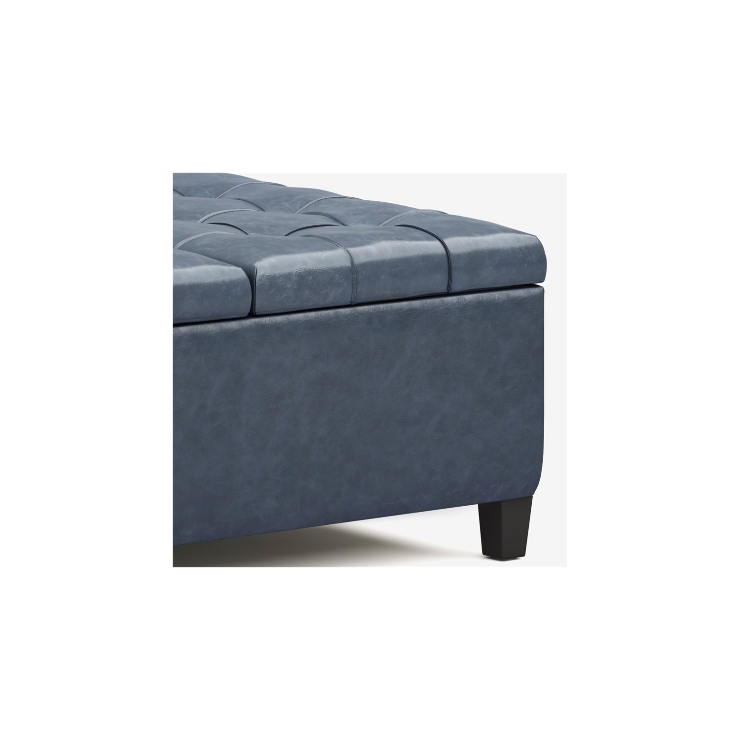 Simpli Home Harrison 36" Transitional Square Coffee Table Ottoman in Denim Blue Faux Leather