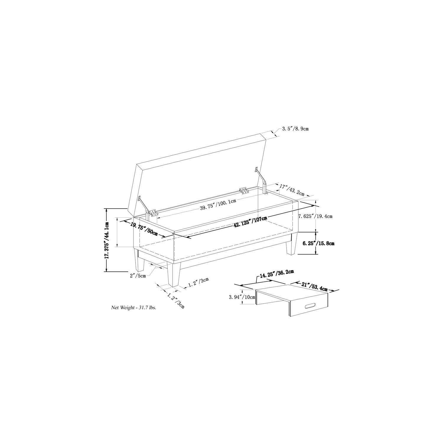 Banc pouf de rangement de 42 po de largeur Oregon en similicuir brun alezan vieilli