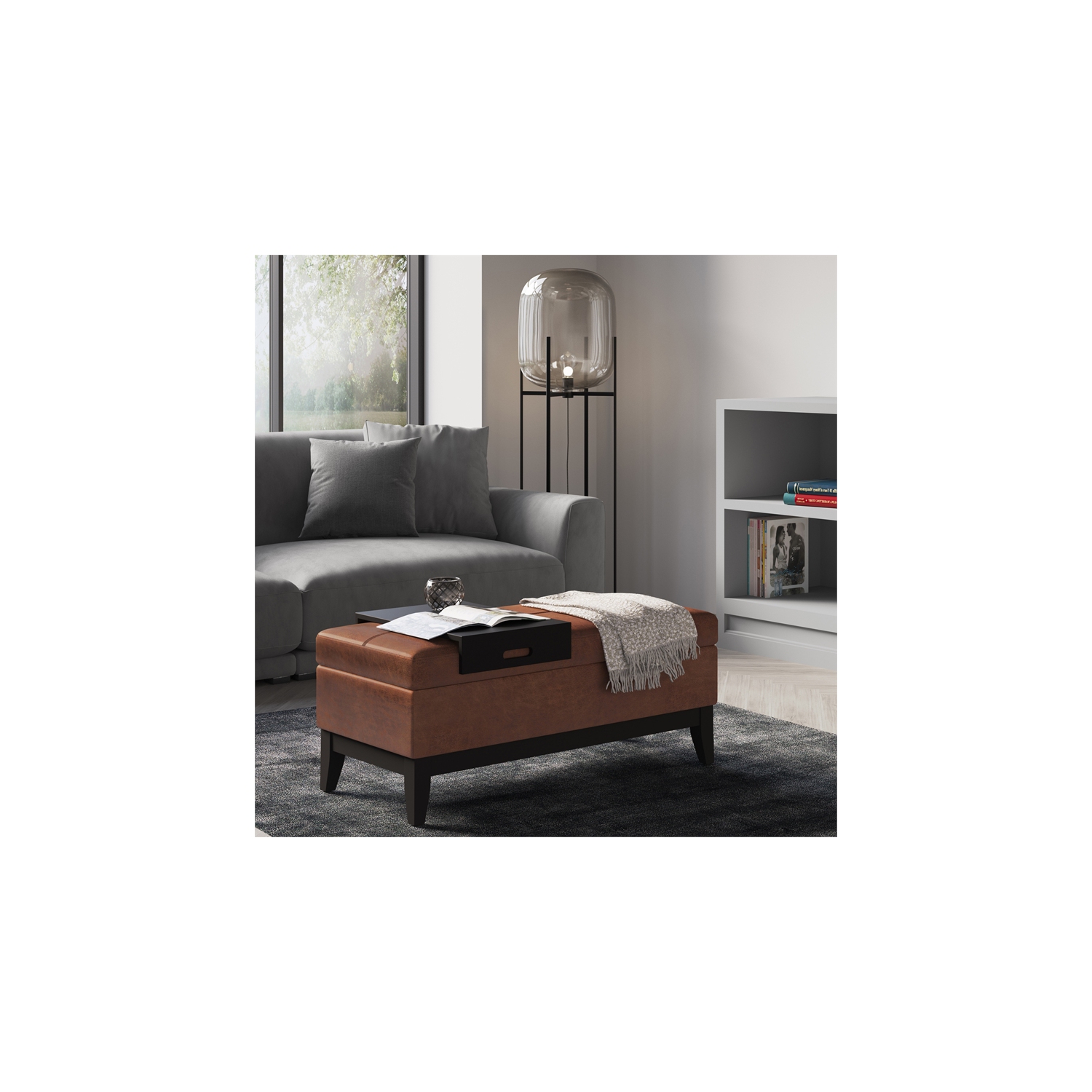 Banc pouf de rangement de 42 po de largeur Oregon en similicuir brun alezan vieilli