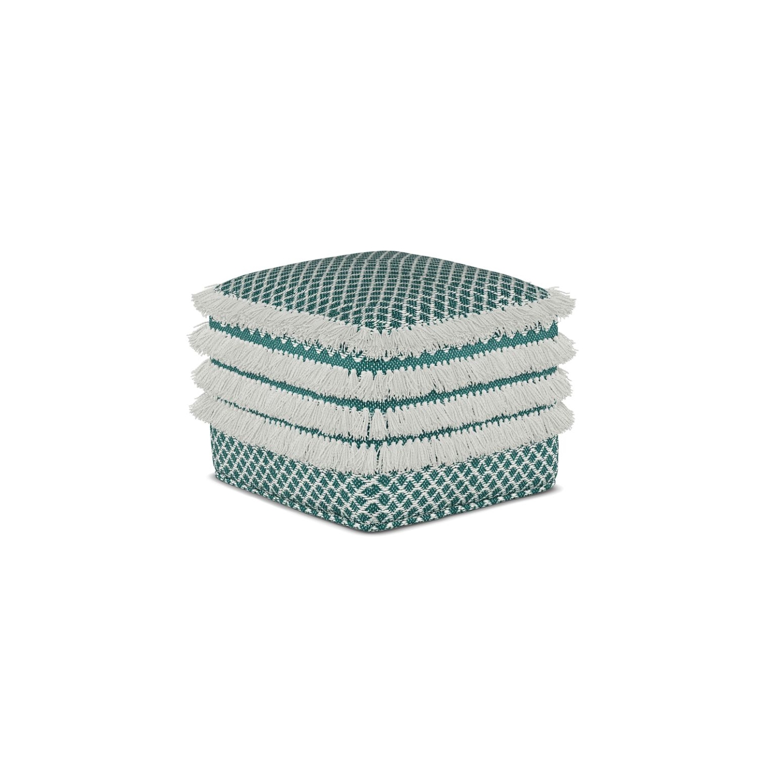 Simpli Home Leah Boho Square Woven Pouf in Turquoise and White