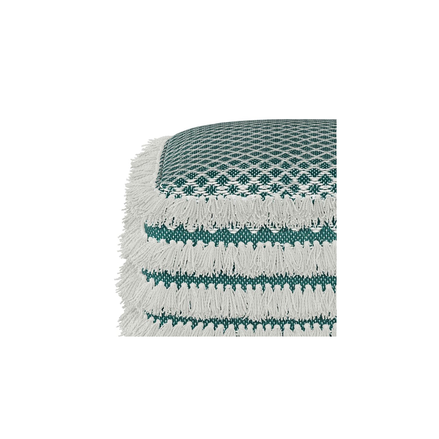 Simpli Home Leah Boho Square Woven Pouf in Turquoise and White