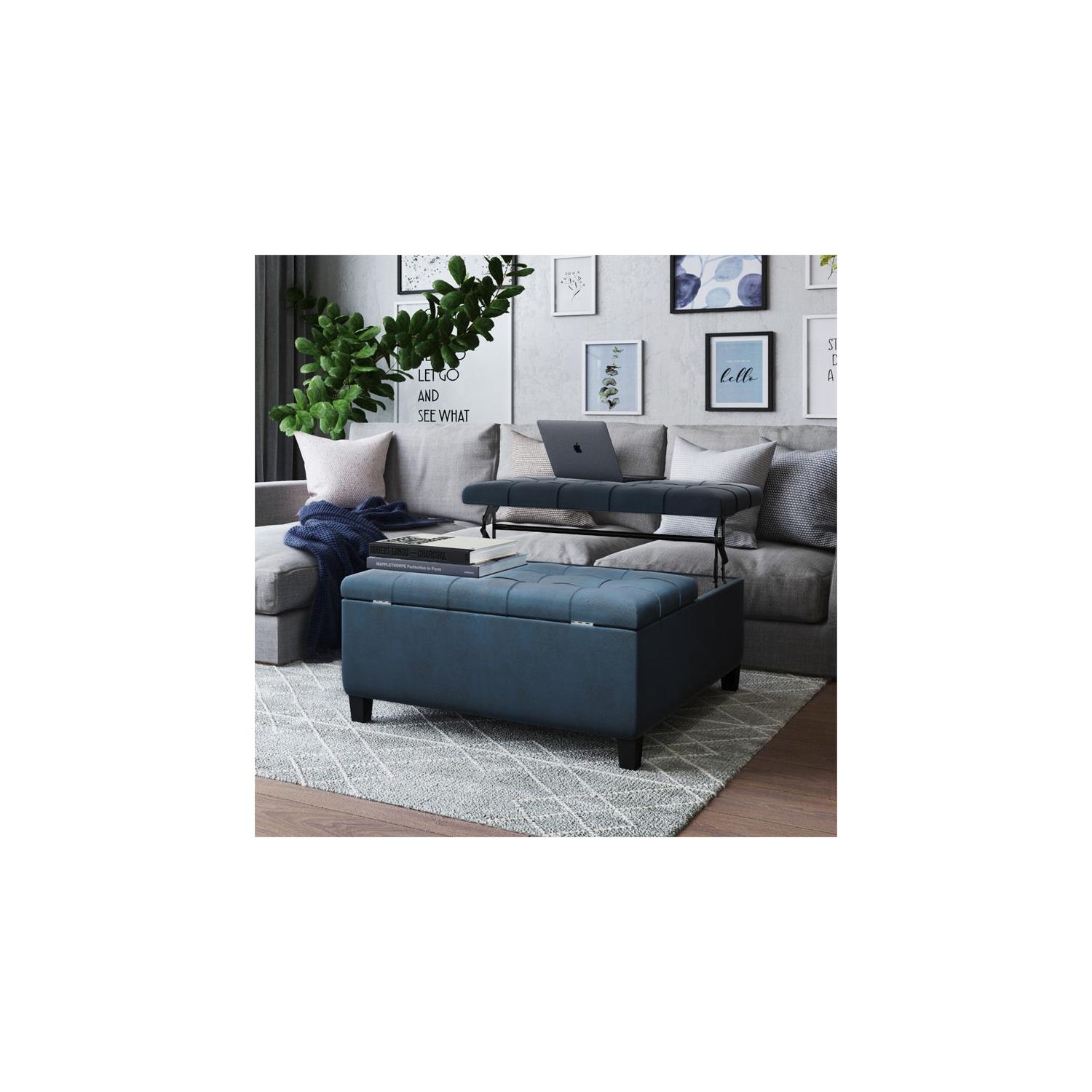 Harrison 36in.W Coffee Table Ottoman in Distressed Dark Blue Faux Leather