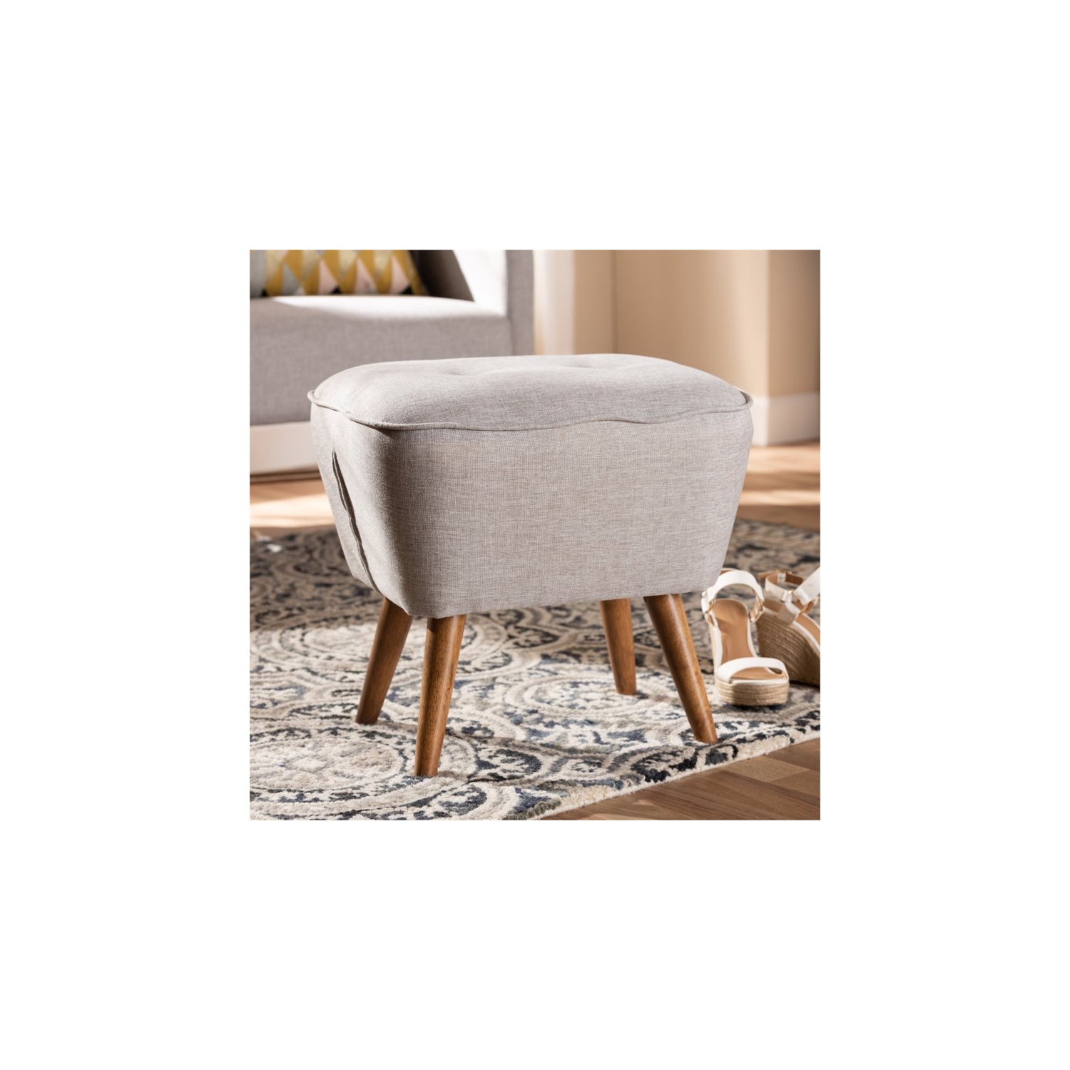 Baxton Studio Petronelle Ottoman in Greyish Beige and Walnut Brown