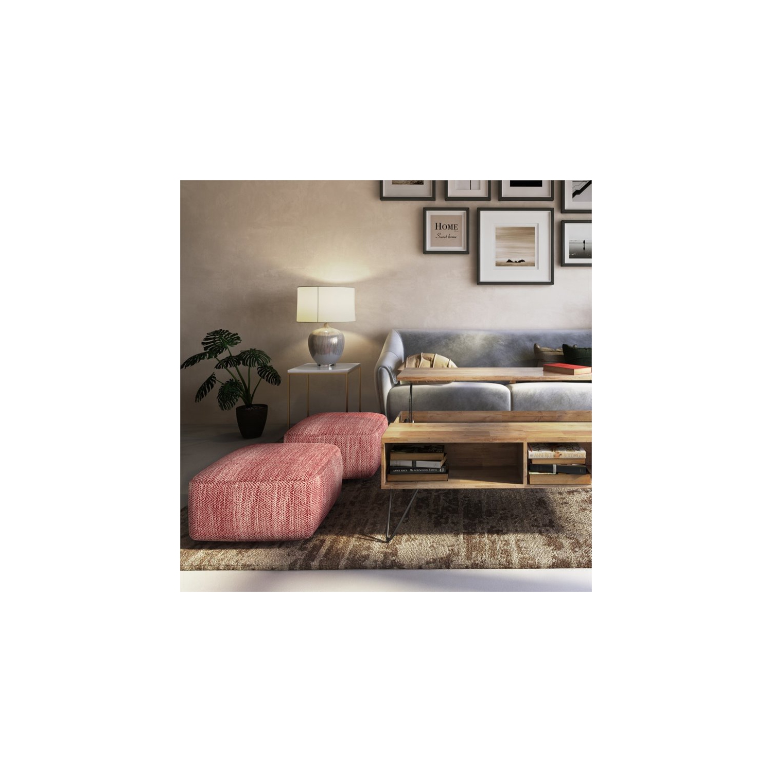 Simpli Home Nate Boho Square Pouf in Patterned Maroon Melange Cotton