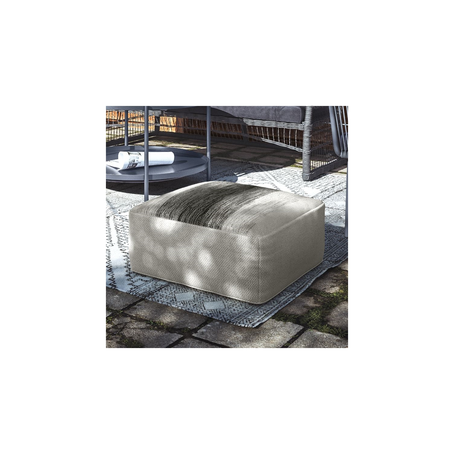 Simpli Home Sabella Boho Square Woven Pouf in Gray and White