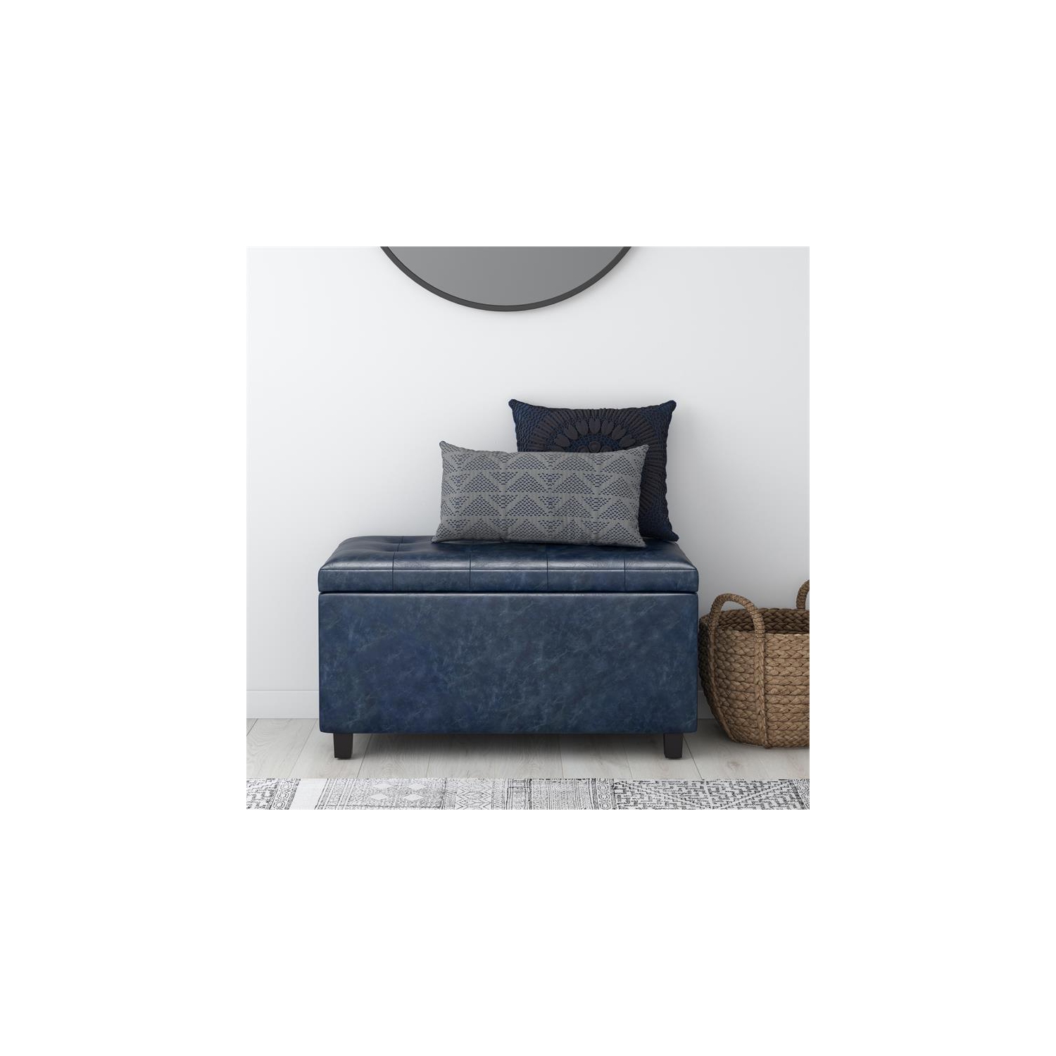 Cosmopolitan 34 in.W Contemporary Storage Ottoman in Denim Blue Faux Leather