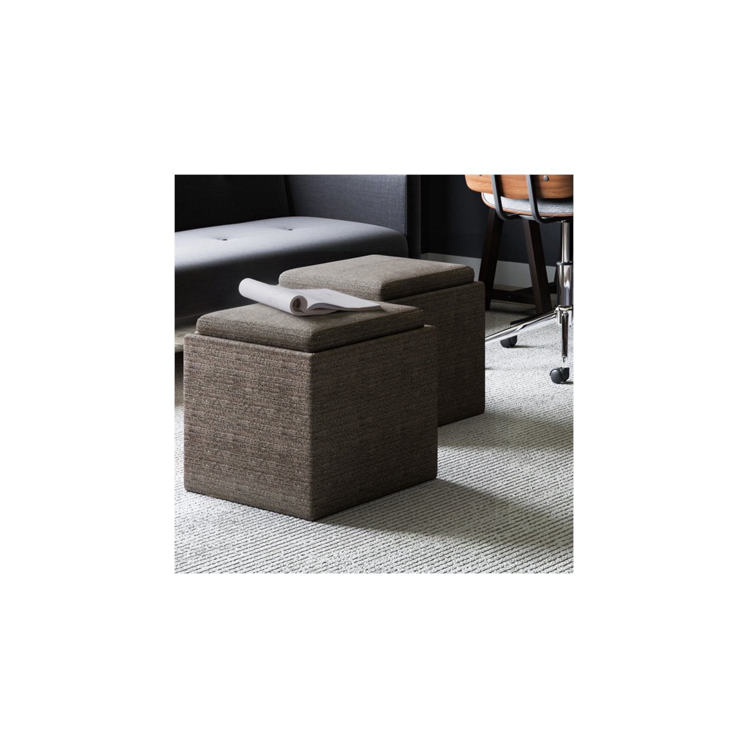 Simpli Home Rockwood Square Tweed Fabric Storage Ottoman With Tray in Mink Brown