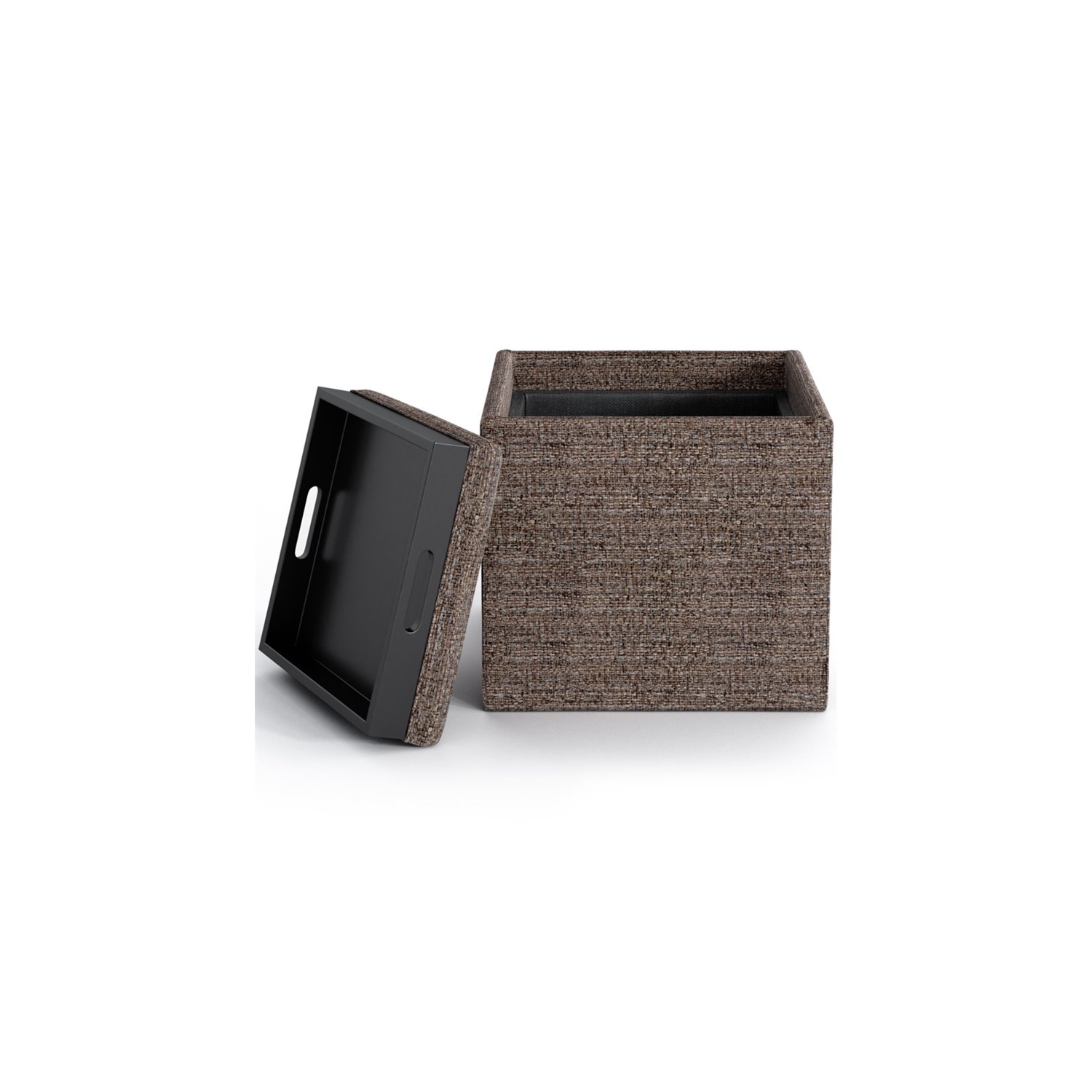 Simpli Home Rockwood Square Tweed Fabric Storage Ottoman With Tray in Mink Brown