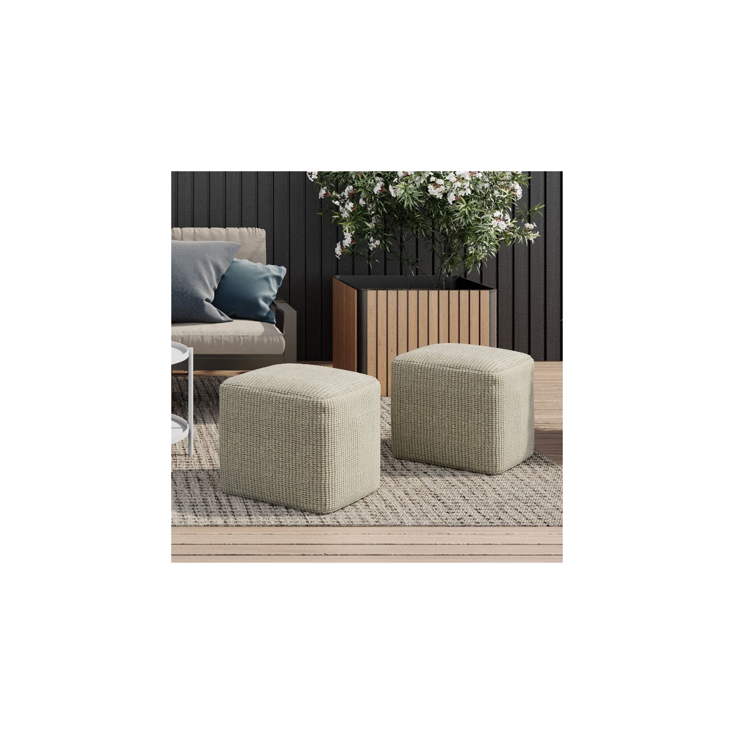 Simpli Home Zelma Boho Square Woven Pouf in Cream and Natural