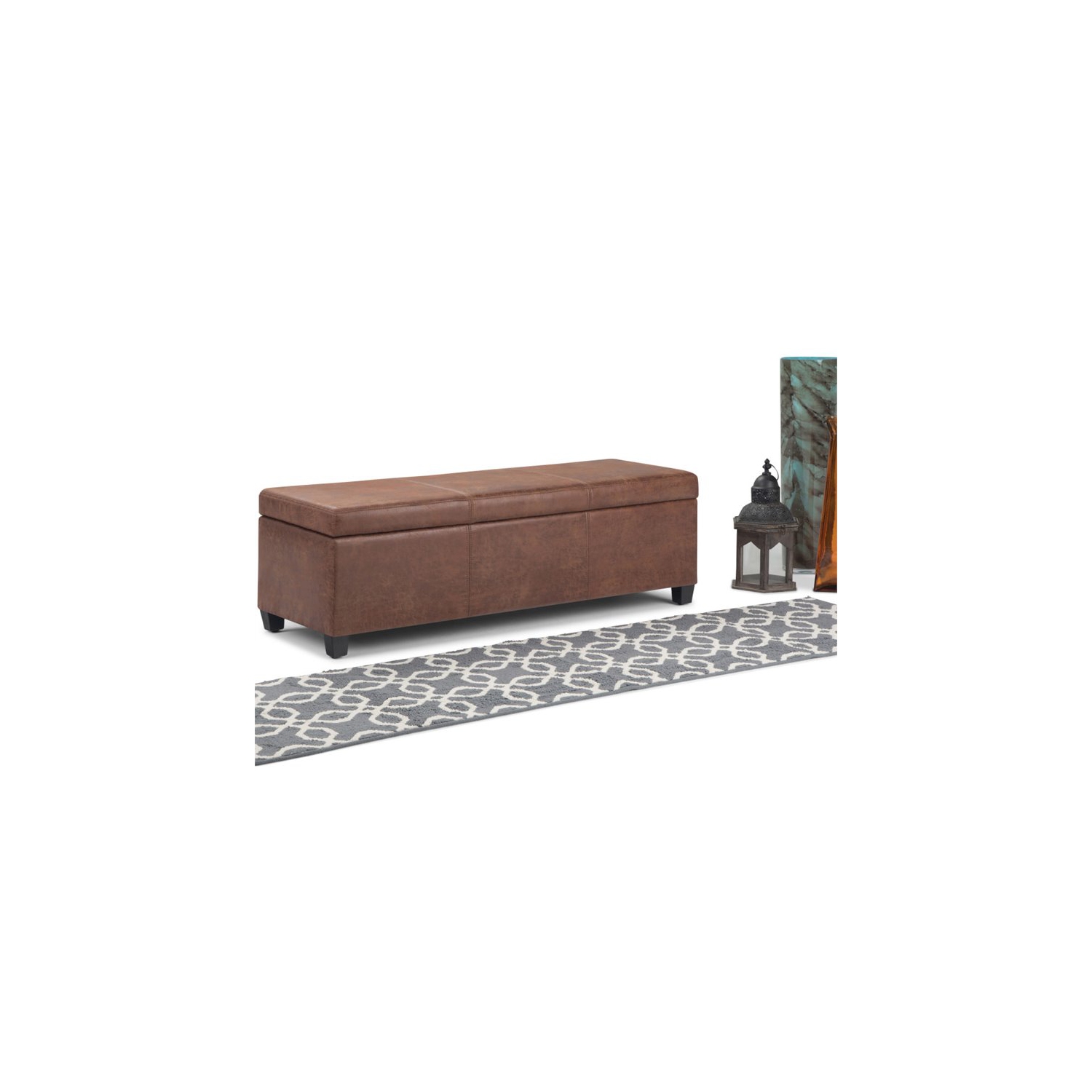 Simpli Home Avalon Faux Leather Storage Ottoman Bench in Distressed Umber Brown