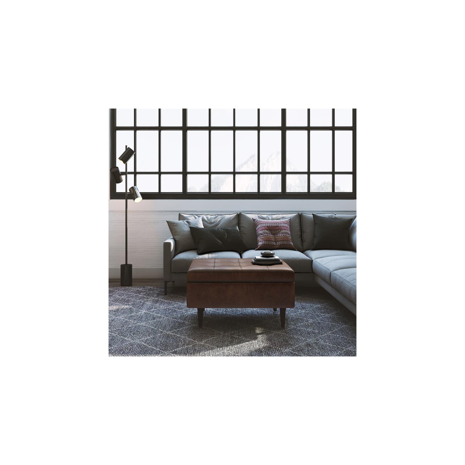 Shay 34 in.W Coffee Table Storage in Distressed Chestnut Brown Faux Leather