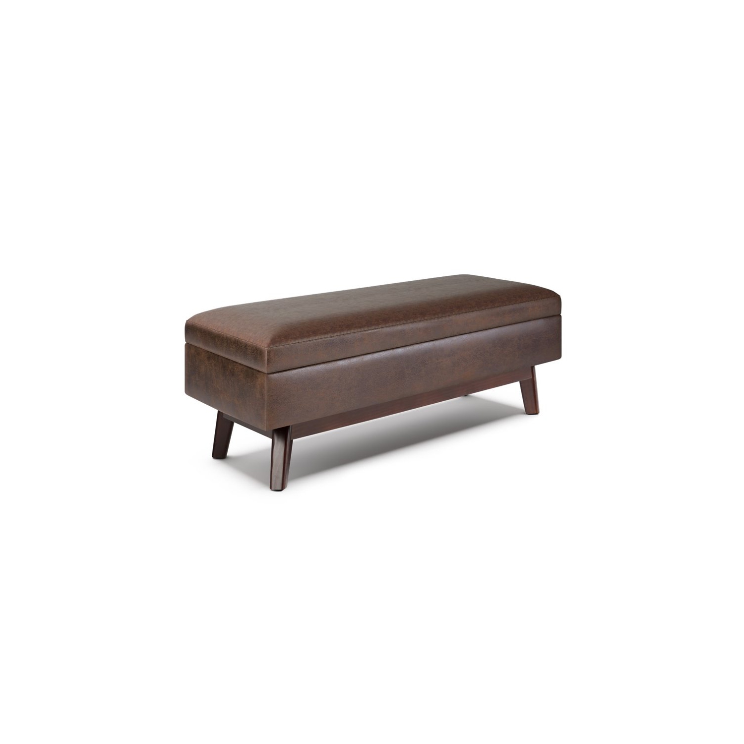 Simpli Home Owen 48" Faux Air Leather Storage Ottoman in Chestnut Brown