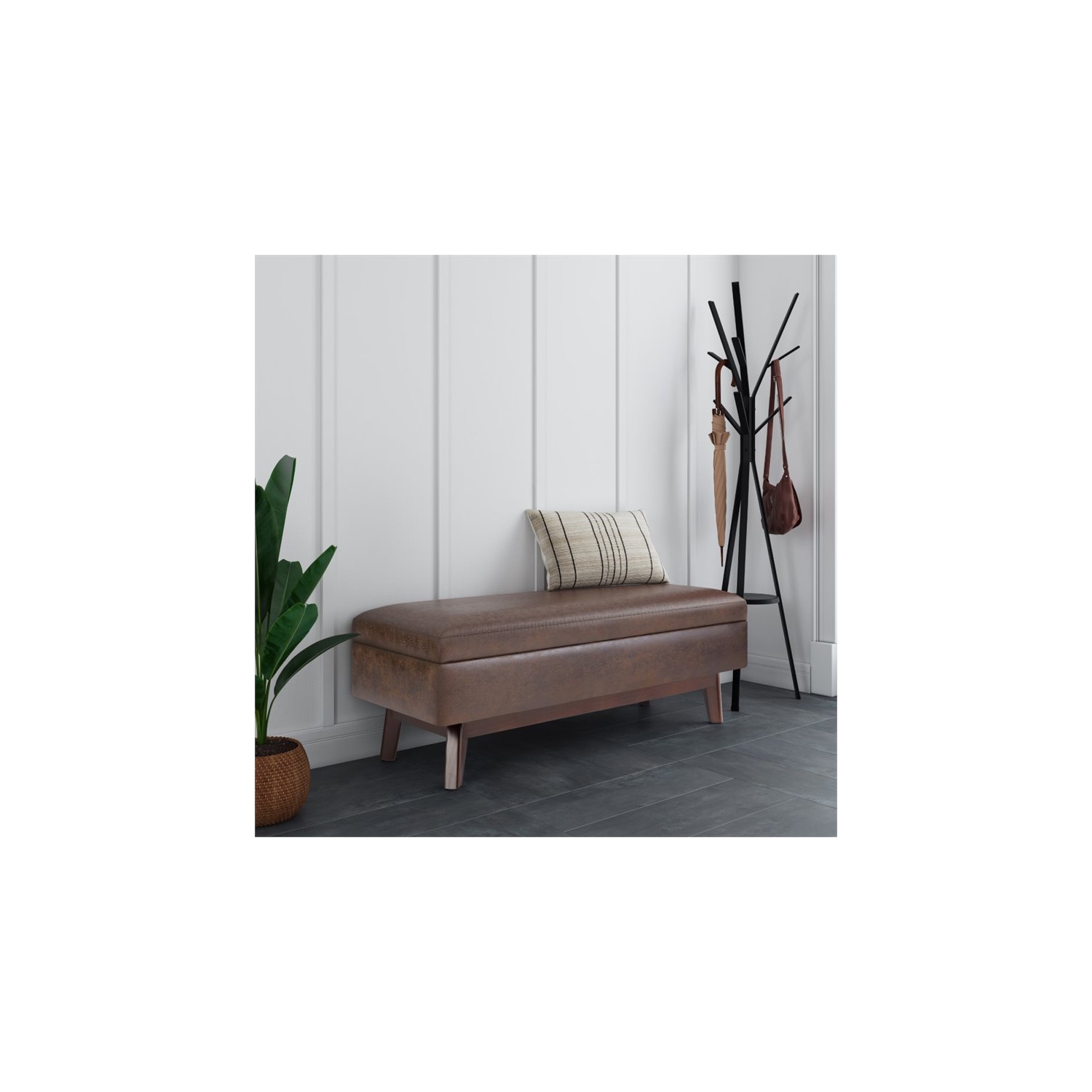 Simpli Home Owen 48" Faux Air Leather Storage Ottoman in Chestnut Brown