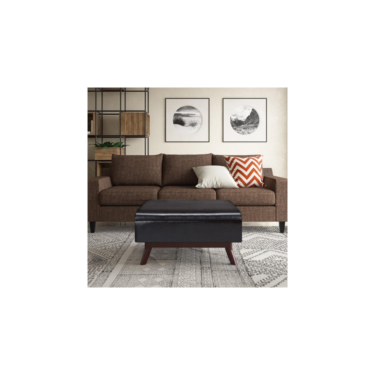 Simpli Home Owen Faux Air Leather Coffee Table Storage Ottoman in Tanners Brown