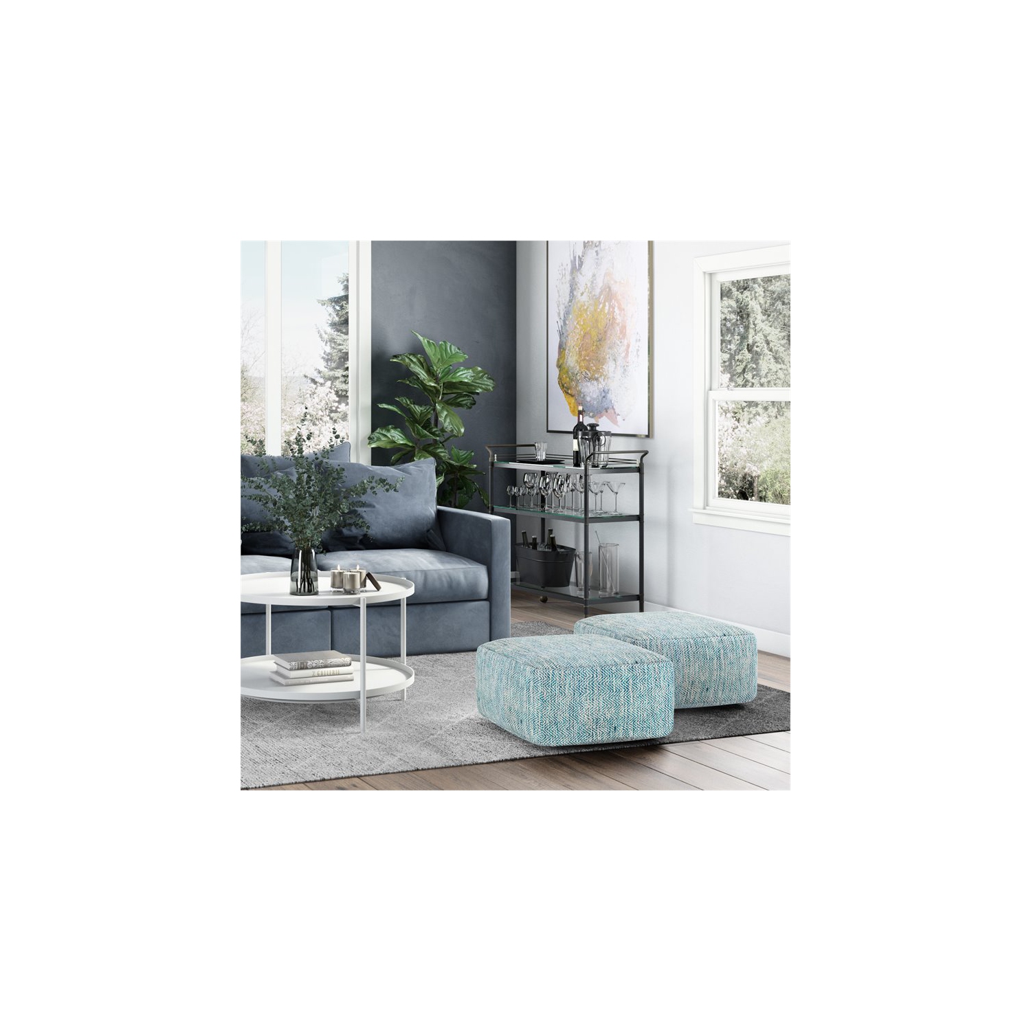 Simpli Home Nate Boho Square Pouf in Patterned Teal Melange Cotton