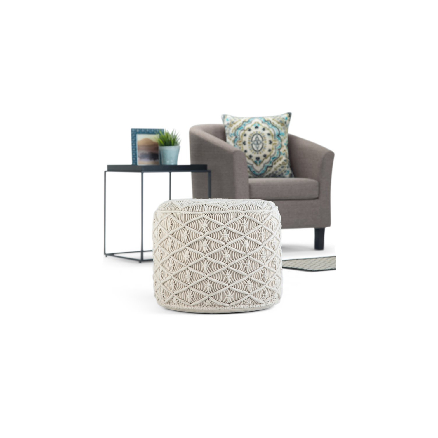 Coates Boho Round Macrame Pouf in Natural Cotton