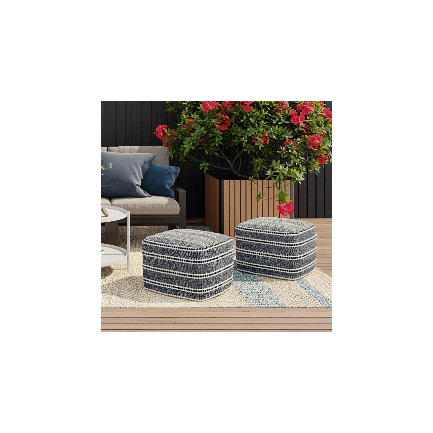 Simpli Home Corrie Boho Square Woven Pouf in Navy and White