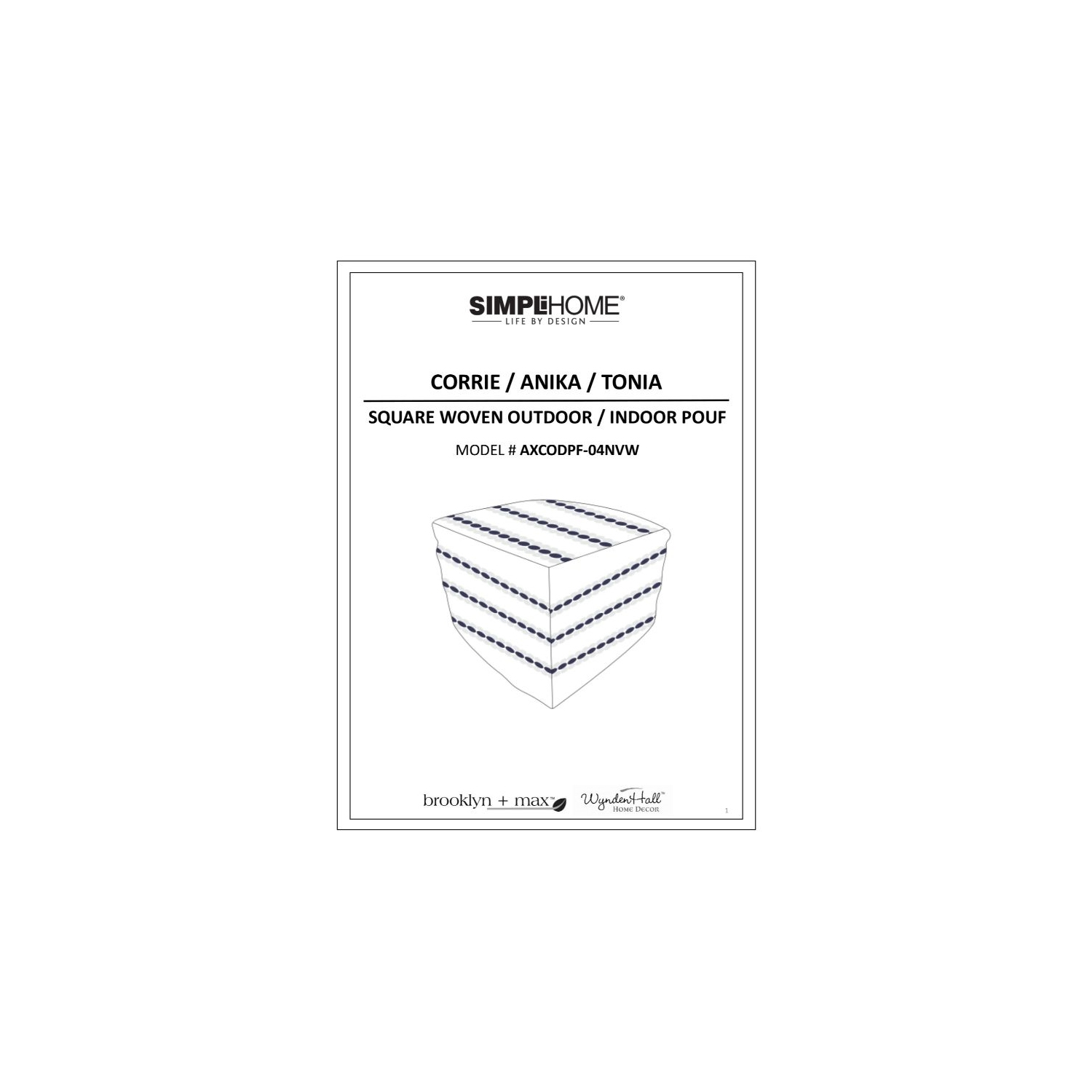 Simpli Home Corrie Boho Square Woven Pouf in Navy and White