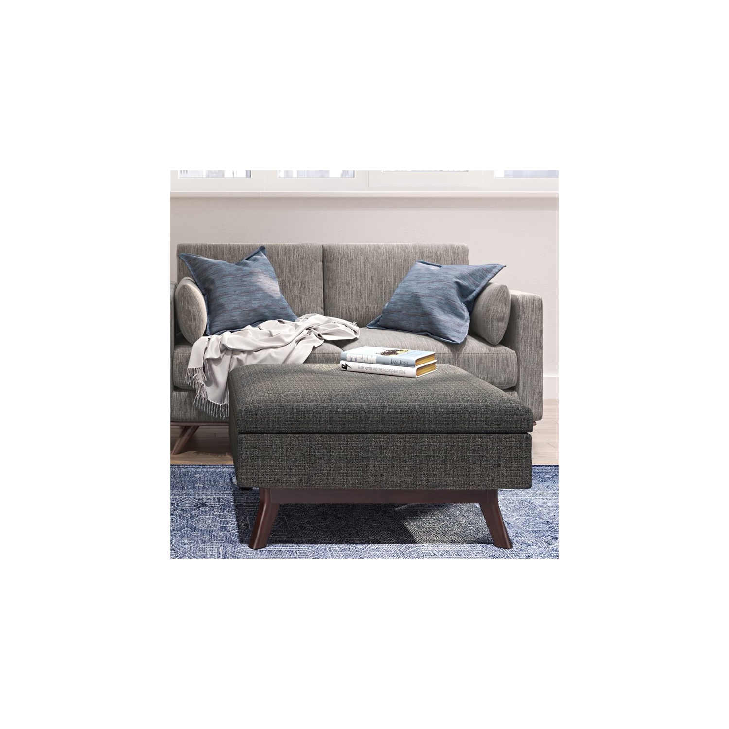 Simpli Home Owen 34" Upholstered Modern Coffee Table Ottoman in Ebony