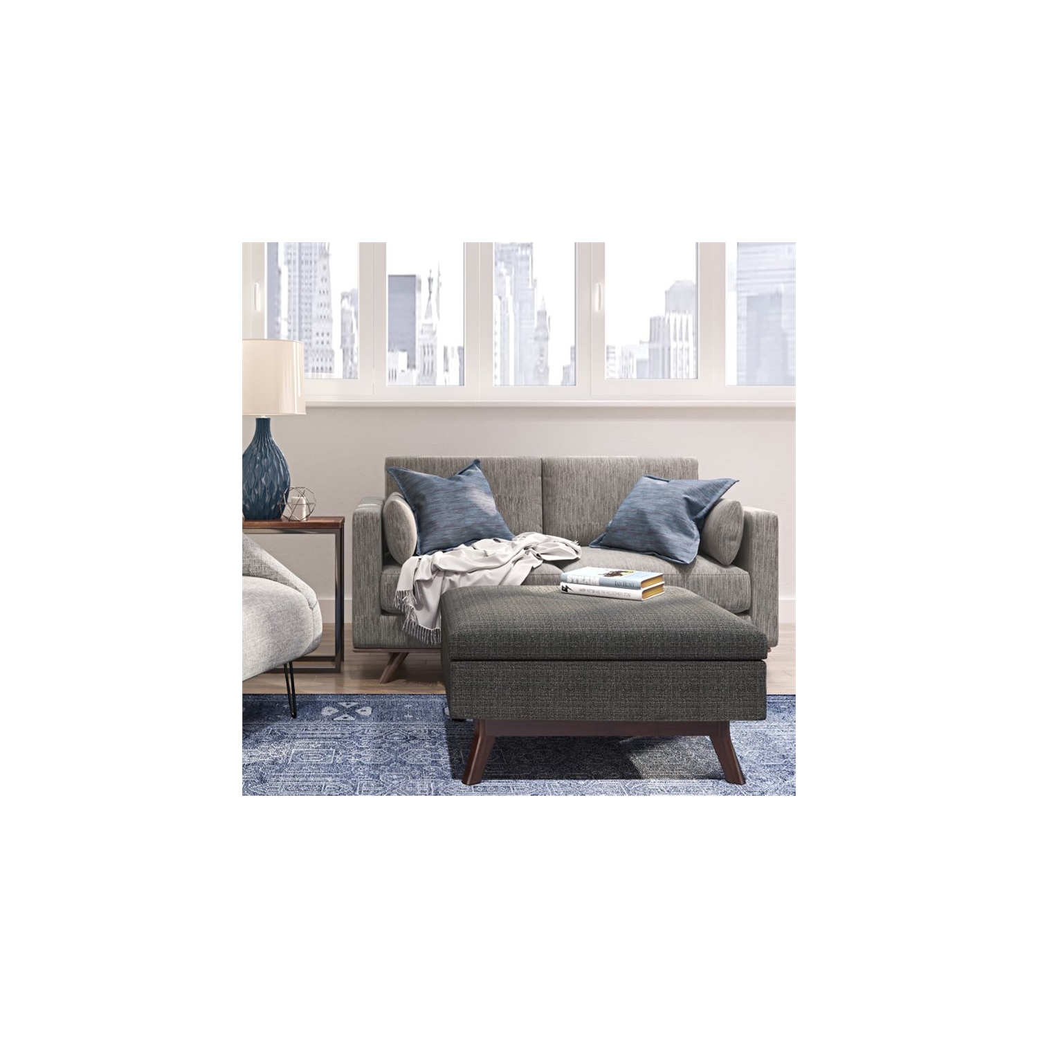 Simpli Home Owen 34" Upholstered Modern Coffee Table Ottoman in Ebony