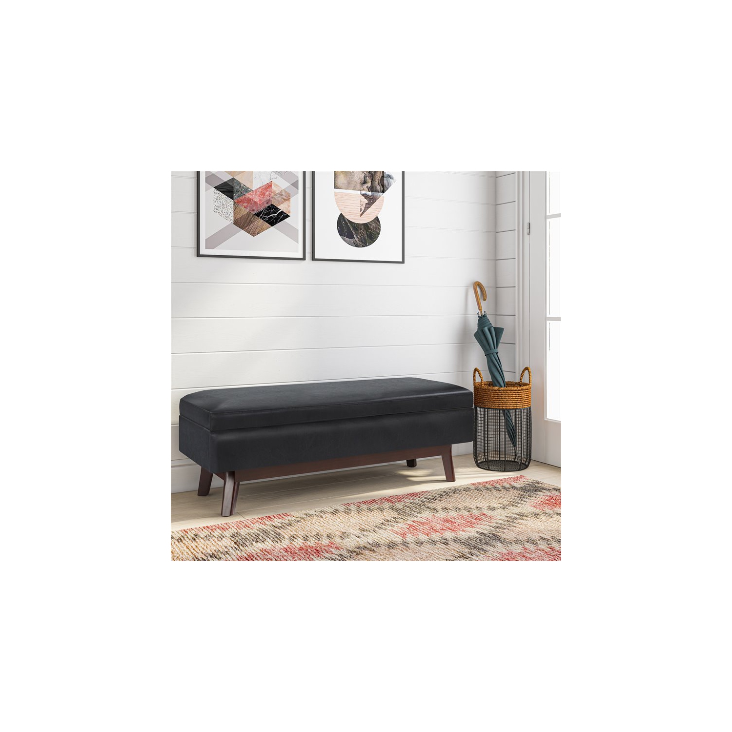 Simpli Home Owen 48" Faux Leather Rectangular Storage Ottoman in Midnight Black
