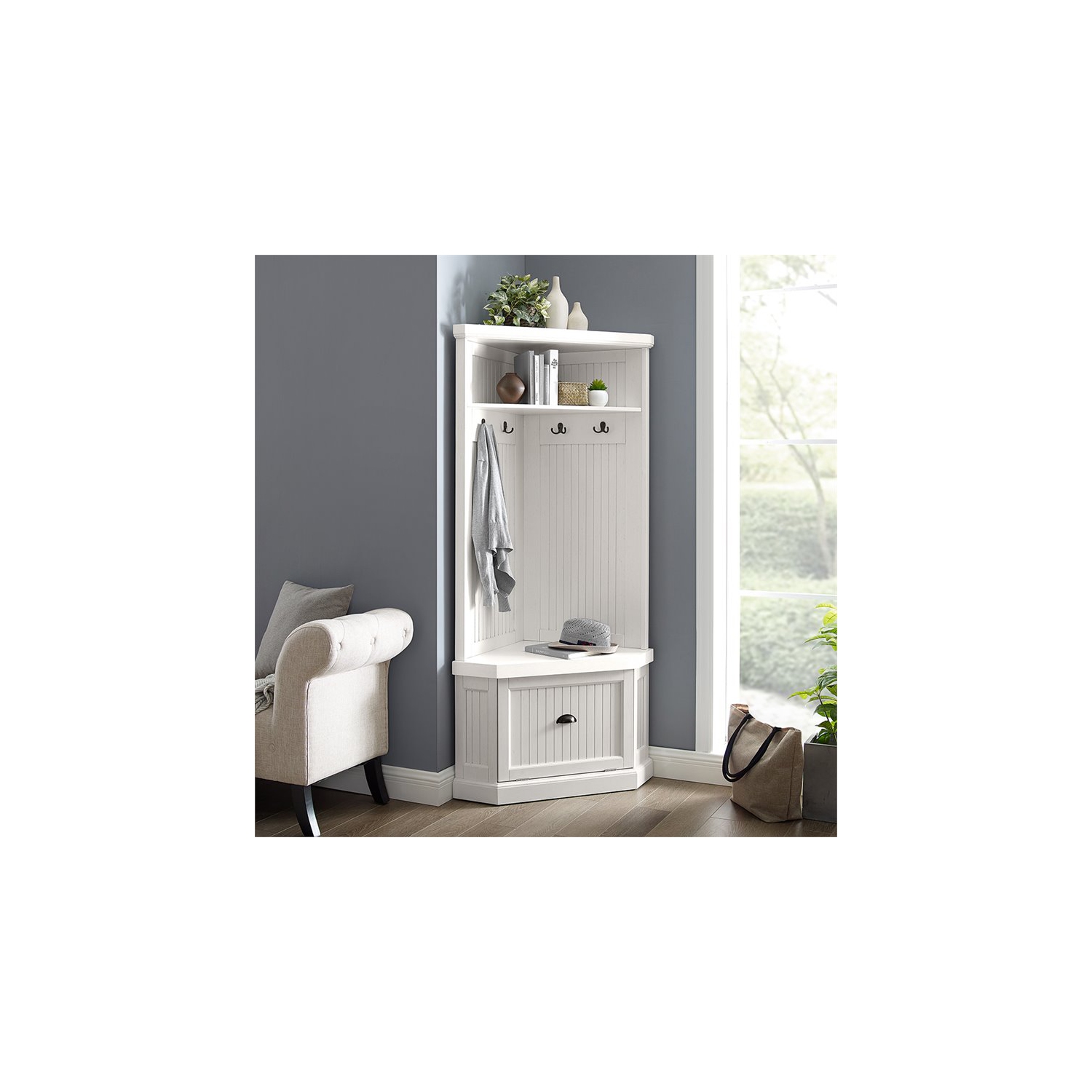 Crosley Seaside 4 Hook Corner Hall Tree in Distressed White