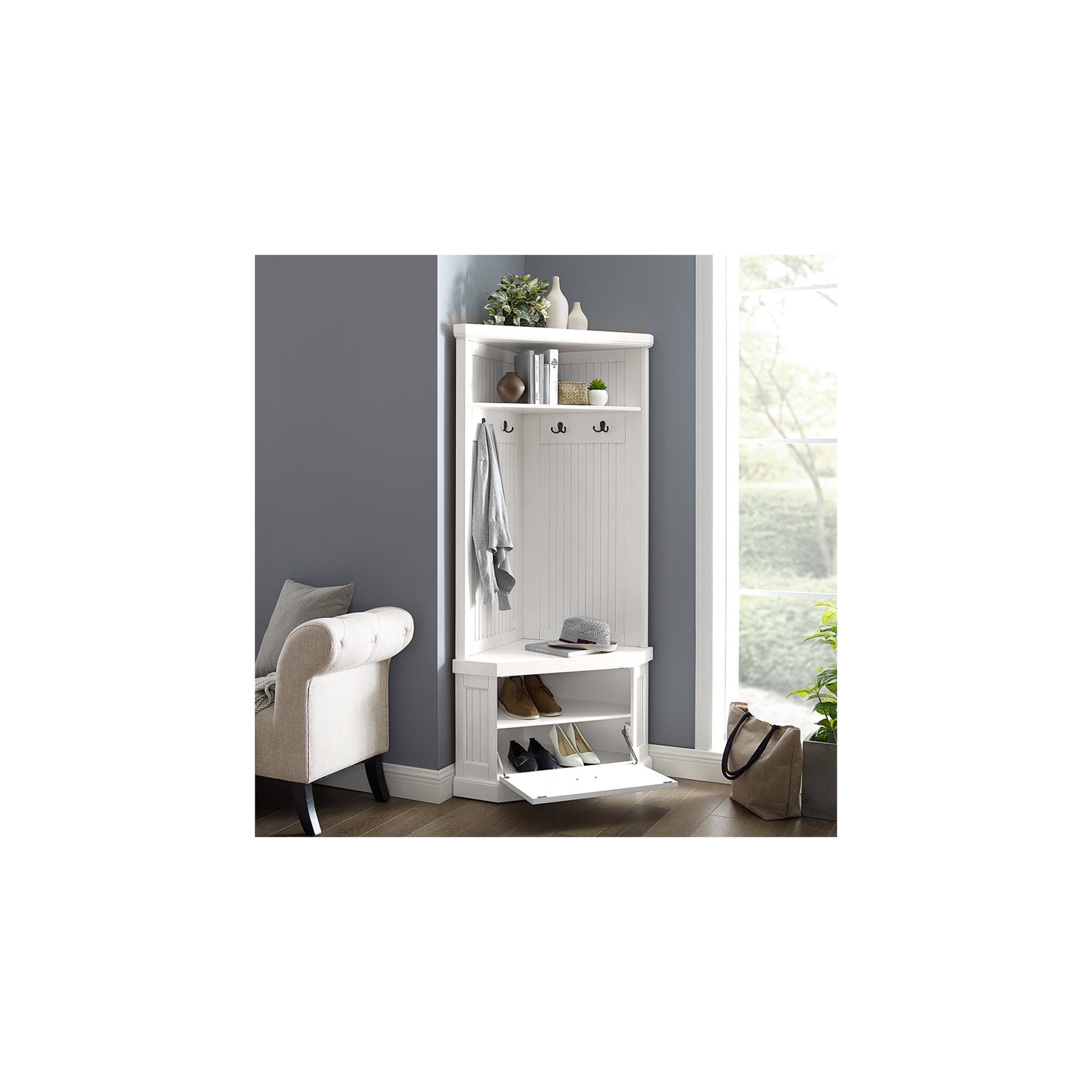 Crosley Seaside 4 Hook Corner Hall Tree in Distressed White