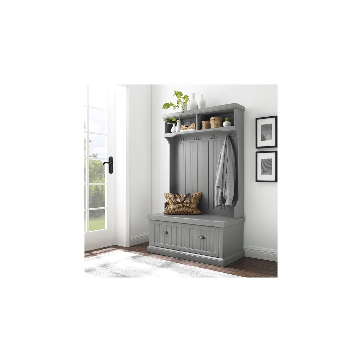 Crosley Seaside Wooden Coastal Hall Tree in Distressed Gray