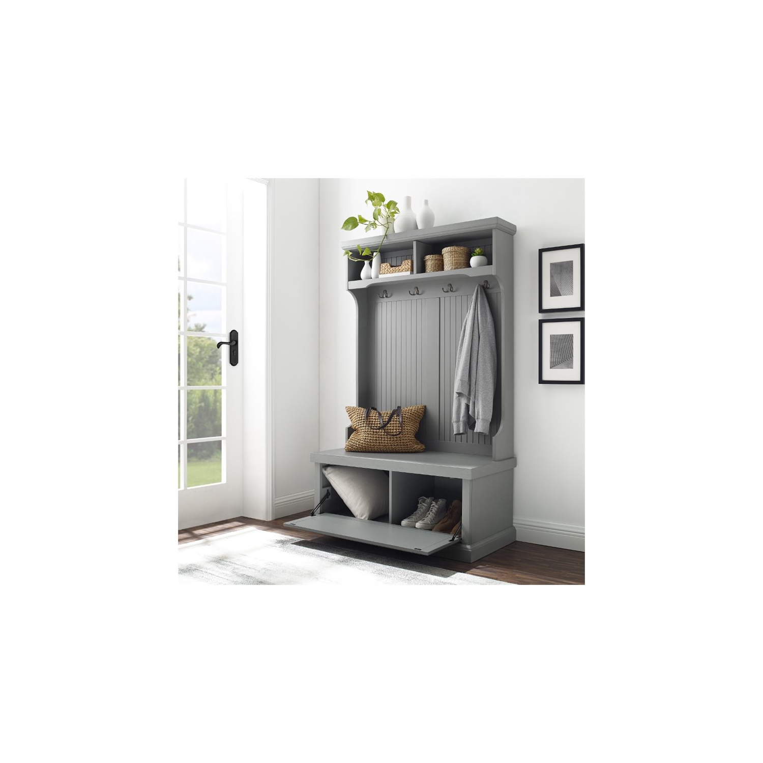 Crosley Seaside Wooden Coastal Hall Tree in Distressed Gray