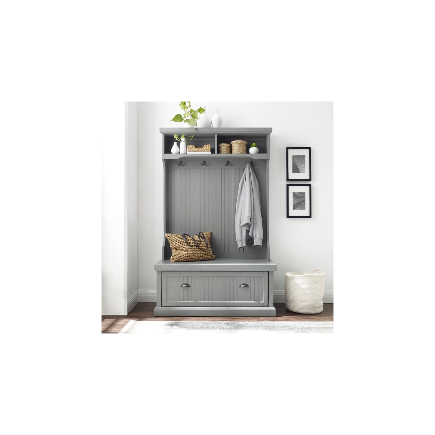 Crosley Seaside Wooden Coastal Hall Tree in Distressed Gray